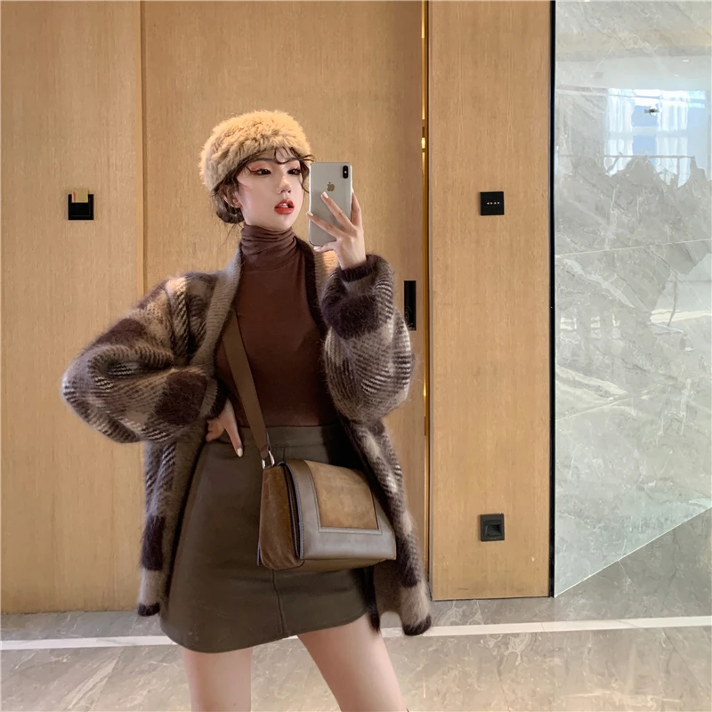 Толстый легко сочетающийся свободный свитер пальто клетчатый кардиган |