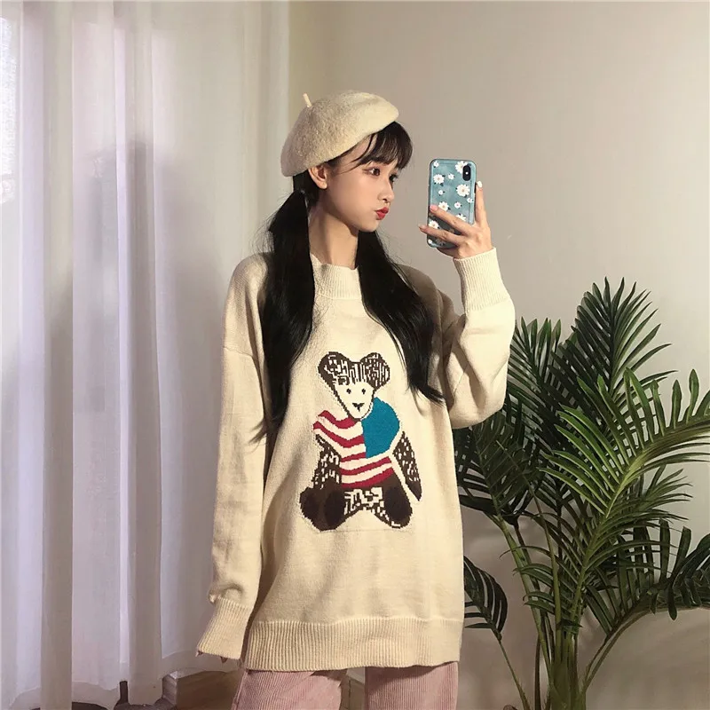 

2021 New Korean Version Round Neck Red Panda Loose женские свитера Women Sweater Autumn Winter Pullover Female Warm Sweater Top