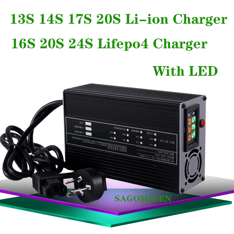 13S 16S 17S 20S 24S Lithium Batteri Charger 48V 60V 72V Li-ion Lifepo4 Charger with LCD Display Screen Scooter E-bike Charger