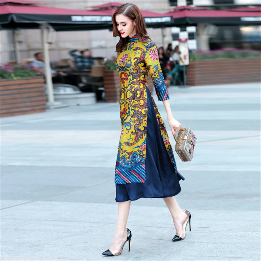 Благородное традиционное вьетнамское элегантное ретро платье Ципао с цветочным