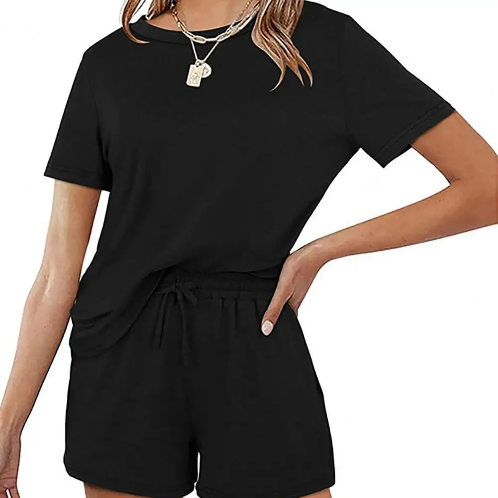 

Women Short Sleeve Elastic Waist O Neck Drawstring T-shirt Shorts Set Two Piece Outfit for Lounge