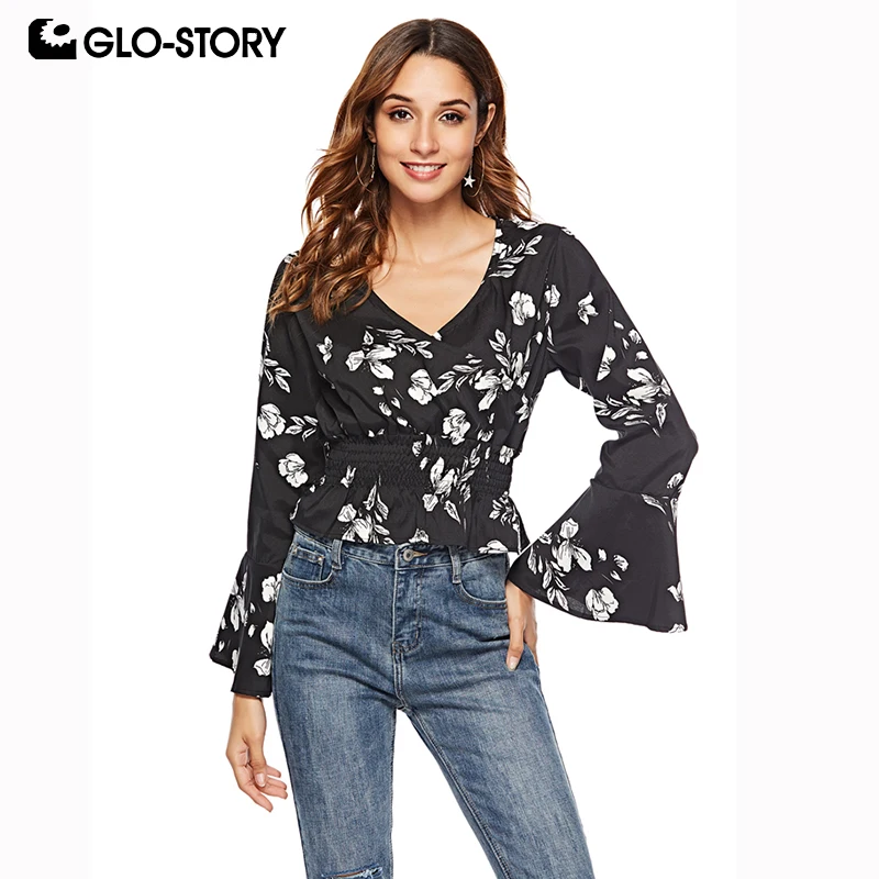 

GLO-STORY 2020 Spring New Women Bohemia Floral Ruffles Sleeve Deep V-Neck Chiffon Blouse Shirts Tops for Female