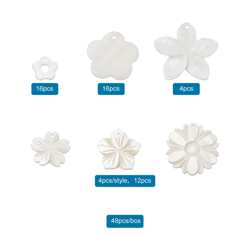 48pcs/Box Natural Freshwater Shell Pendants Mixed Flower White Charm for Jewelry Making DIY Necklace Earring Necklace Decoration
