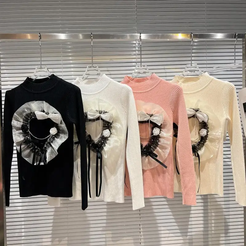 

Женский трикотажный свитер, облегающий эластичный вязаный джемпер с длинным рукавом и жемчужинами, зима 2021