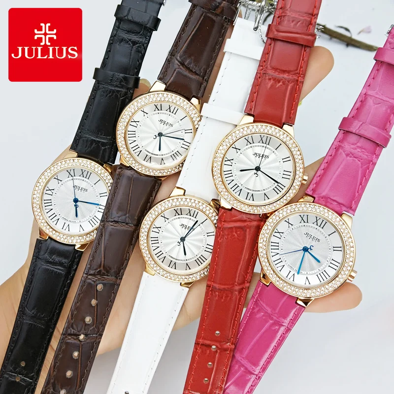 

Julius Women's Leather Lady Watch Japan Quartz Girl Luxury Hours Fine Fashion Clock Classic Rhinestone Birthday Gift No Box