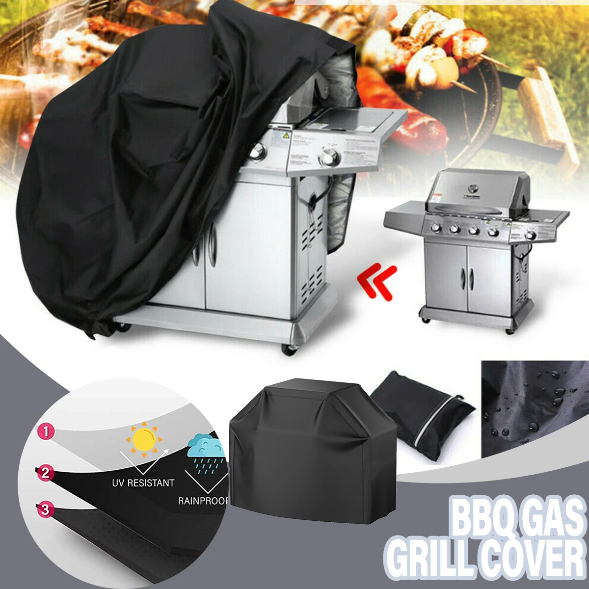 

Покрытие для гриля 190T, черное водонепроницаемое покрытие для барбекю, устойчивое к ветру, выцветанию и УФ-излучению покрытие для сверхмощно...