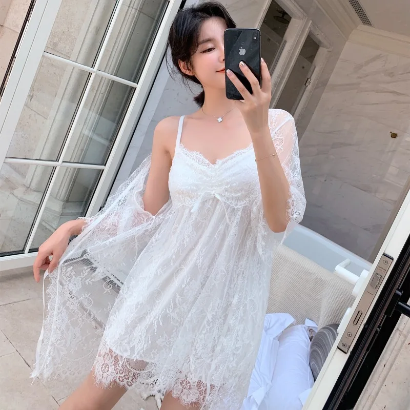 

Fairy sleepwear bodice bathrobe woman summer sexy suspenders nightdress lace two-piece nightgown home dress with chest pad