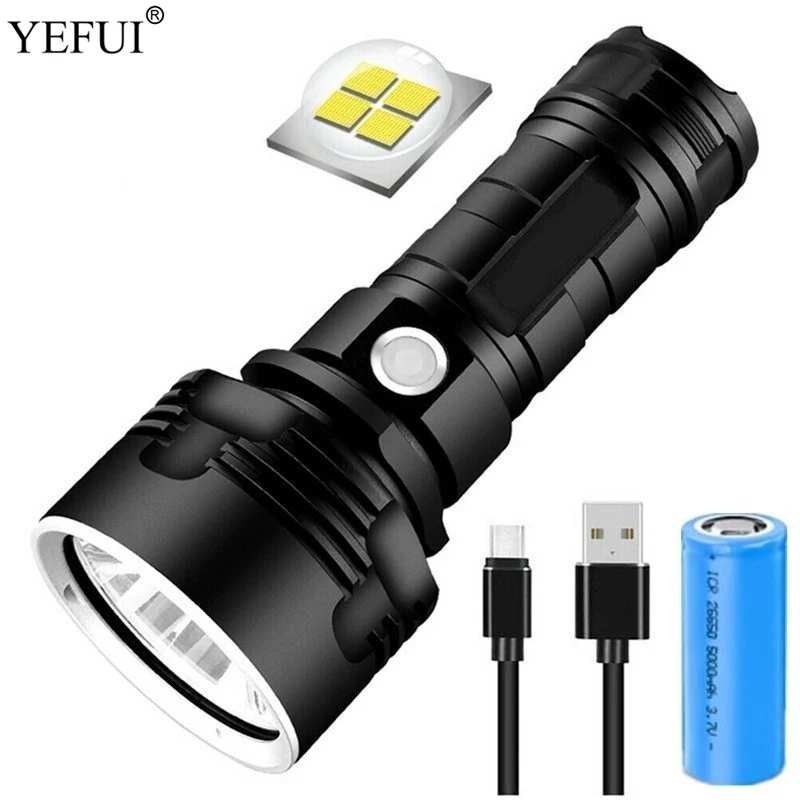 

Супер мощный светодиодный фонарик yeпродукты P70, USB Перезаряжаемый водонепроницаемый фонарь для кемпинга, тактический фонарь с батареей 26650