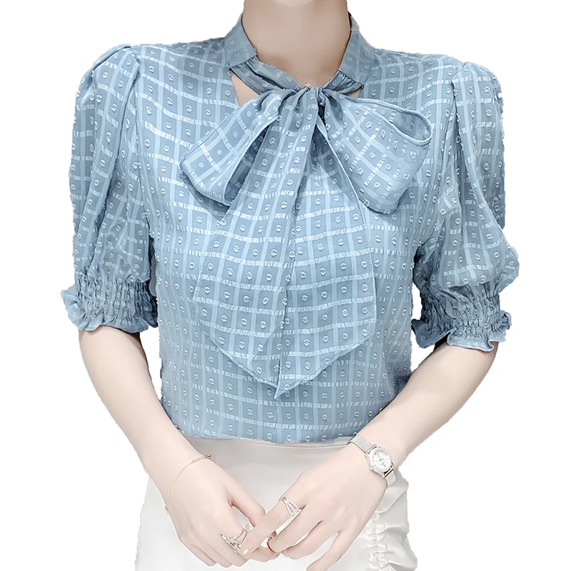 

2021 spring and summer new chiffon jacquard shirt temperament literary style led five-point sleeve top women