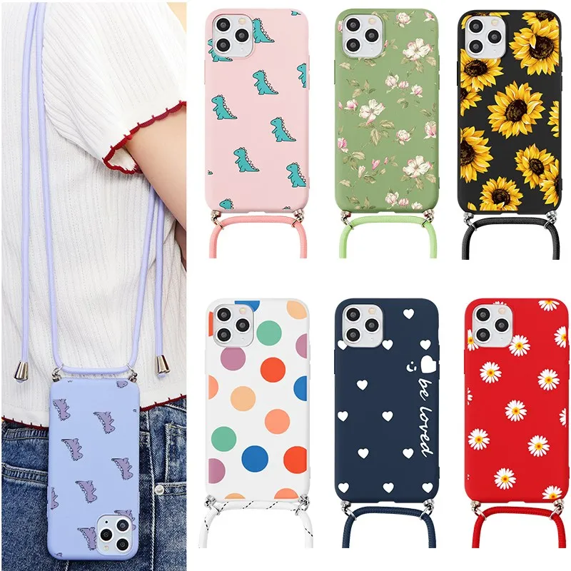 Necklace Lanyard Rope Flower Case For Xiaomi Redmi Note 8 9 10 Pro 9s S 8T 5 7 9C 9T Mi A3 9 SE 10T 11 Lite Poco X3 M3 TPU Cover