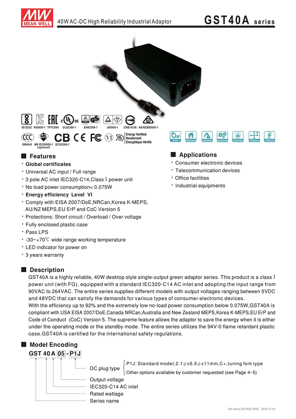 GST40A05-P1J означает, что хорошо промышленный рабочий стол адаптер 110 V/220 V AC до 5V DC 5A 25W Meanwell уровень VI адаптер импульсный источник питания