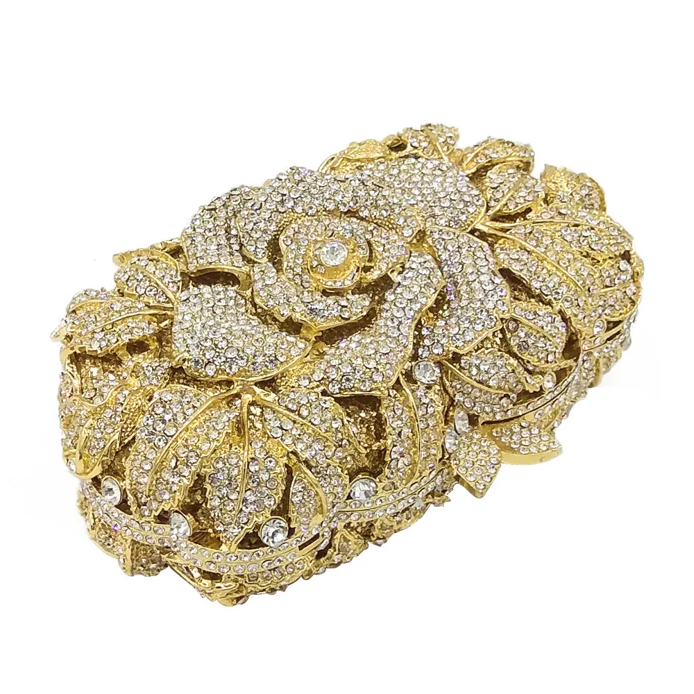 Double Flower Dazzling Women Gold Crystal Clutch Evening Handbags Metal Floral Minaudiere Wedding Party Handbag Bridal Purse |