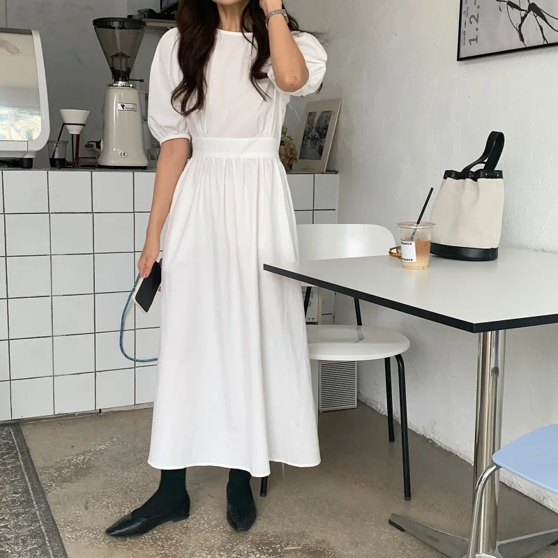 

2021 New Wome Summer Cotton Vintage Elastic Waist Long Dress Puff Sleeve Backless Bow Tie A-line Pullover Maxi Sundress