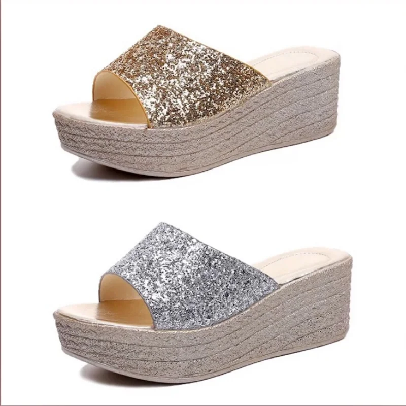 

Women's shoes wedding slippers white slope with high heels thick heel slippers increase women's shoes 9cm slippers women