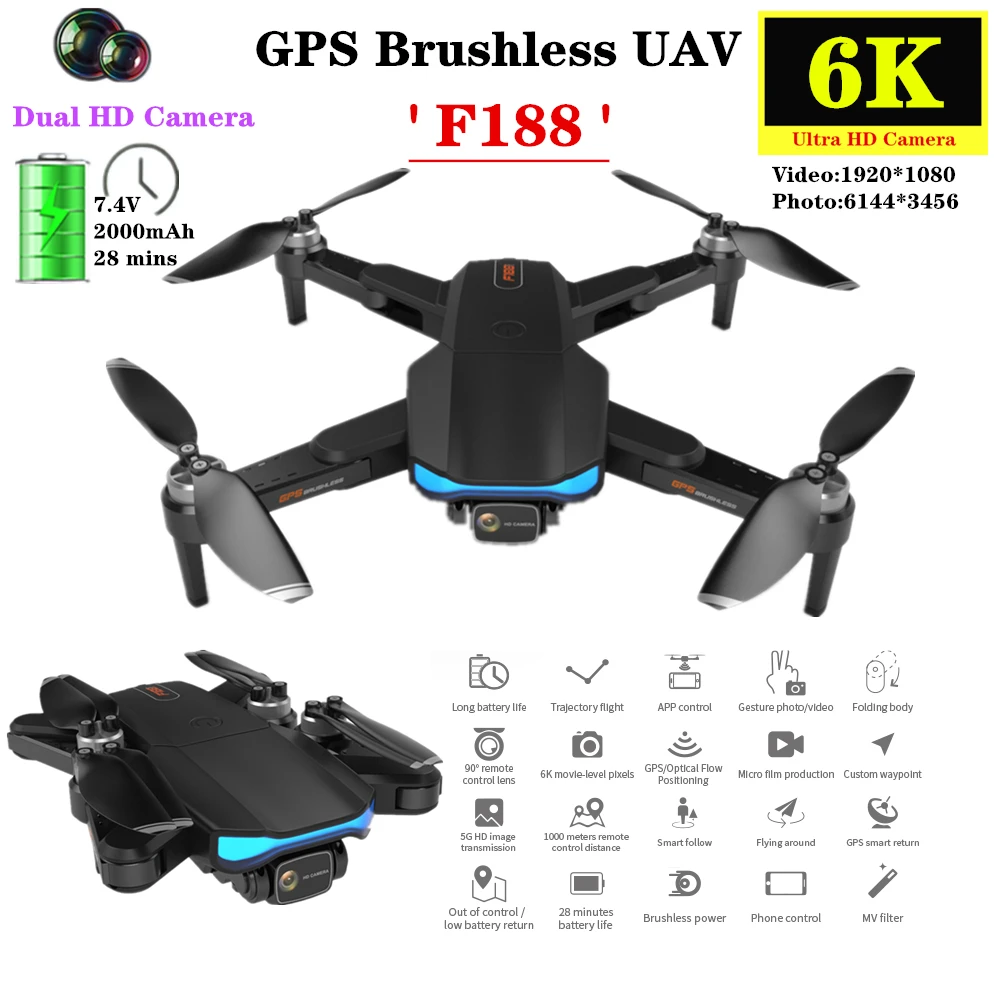 

F188Pro GPS Дрон 6K ESC двойная HD камера Умный селфи RC Квадрокоптер бесщеточный двигатель БПЛА складной Helocpter 28 минут Дрон игрушка подарок