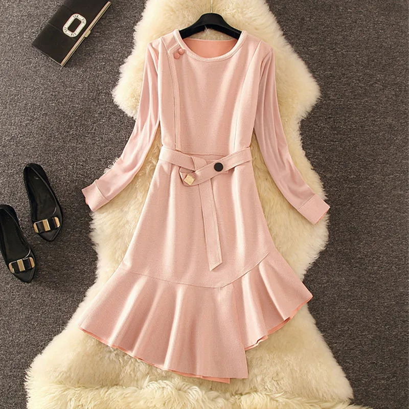 Осенне-зимнее платье 2019 женское замшевое элегантное розовое Сетчатое с оборками