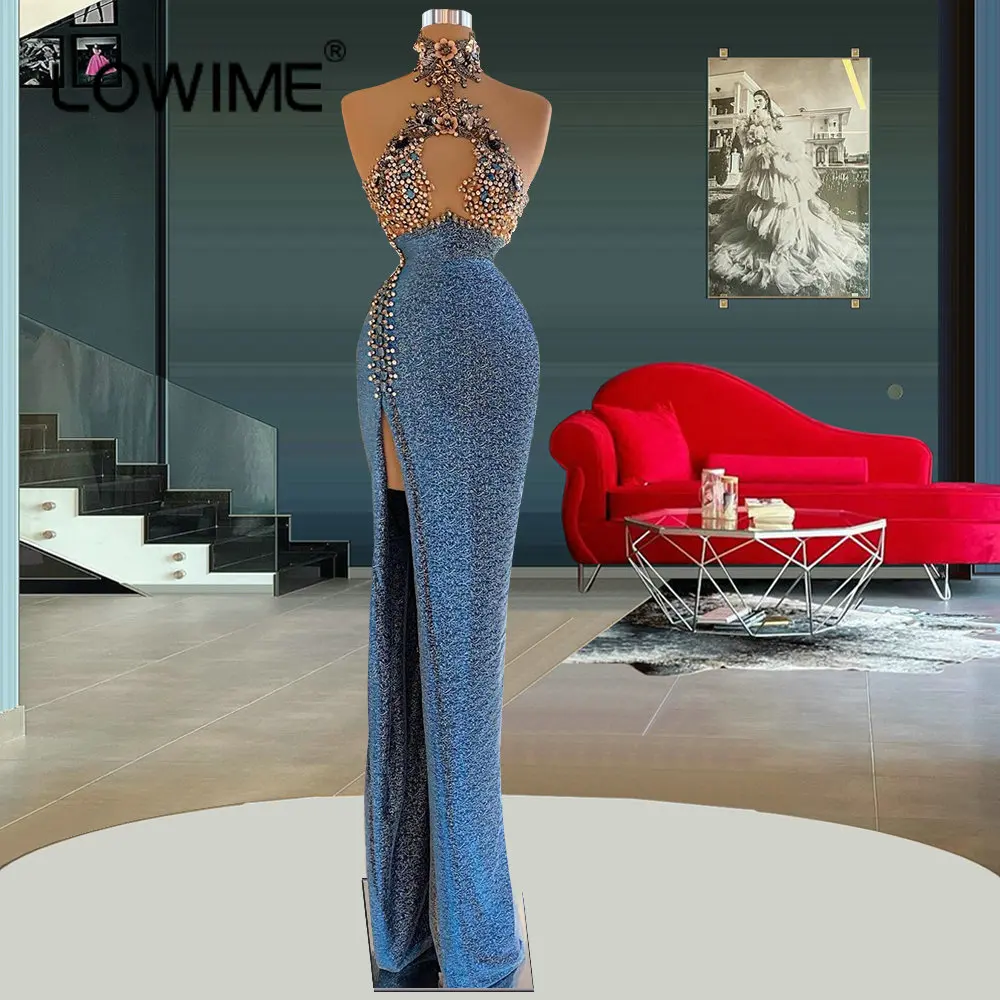 

Lowime Arabic Beaded Long Blue Mermaid Evening Dresses for Women 2022 High Split Robe De Soiree Celebrity Prom Gowns Party Robes