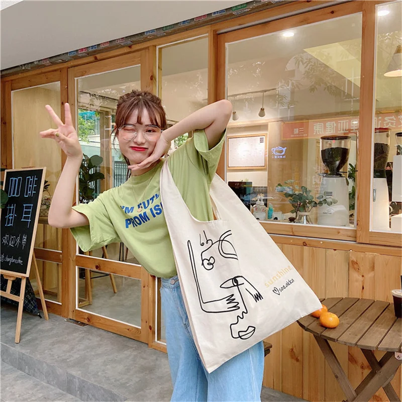 

Women Canvas Shopping Bag Character Line Illustration Female Cotton Cloth Shoulder Bag Eco Handbag Tote Reusable Grocery Bag