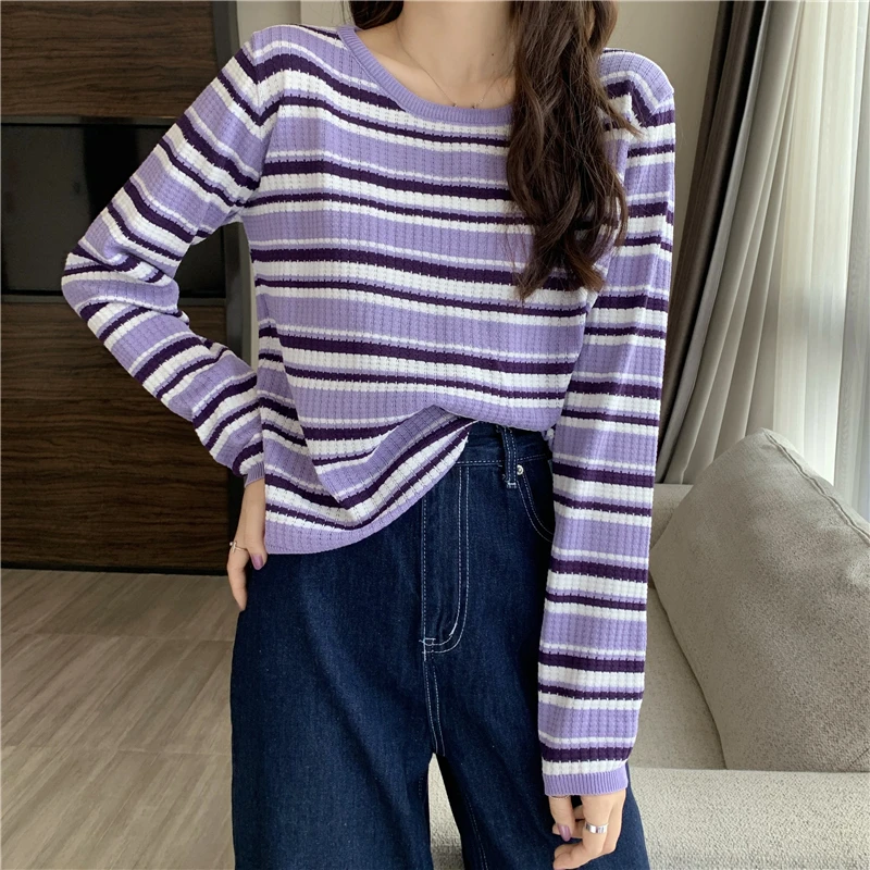 

Spring Autumn Pullover Women's Sweater Long Sleeve O Neck Loose Black Striped Knitted Sweaters Vintage Ladies Tops Pull Femme