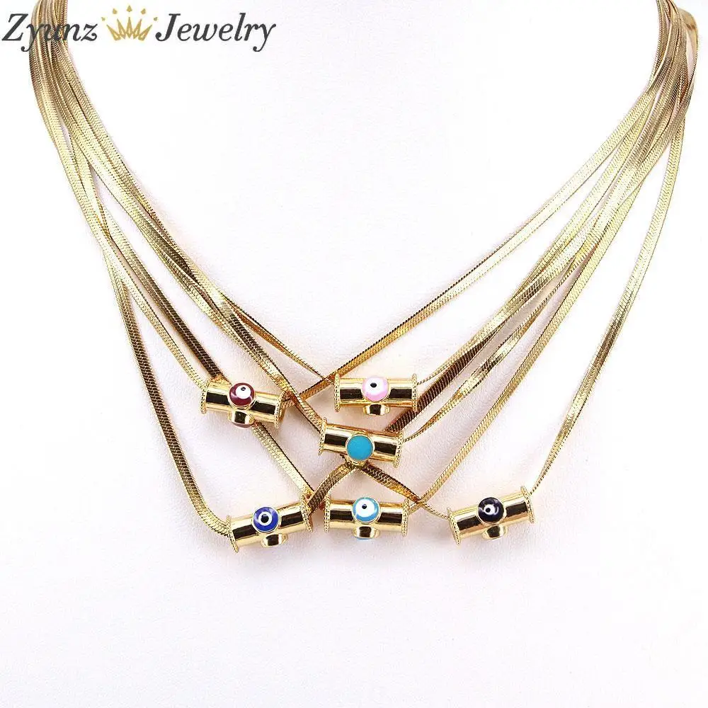 

5PCS, Gold Plated Enamel Eye Tube Big Hole Eye Tube Pendant Beads Necklace, Stainless Steel Chain Necklace