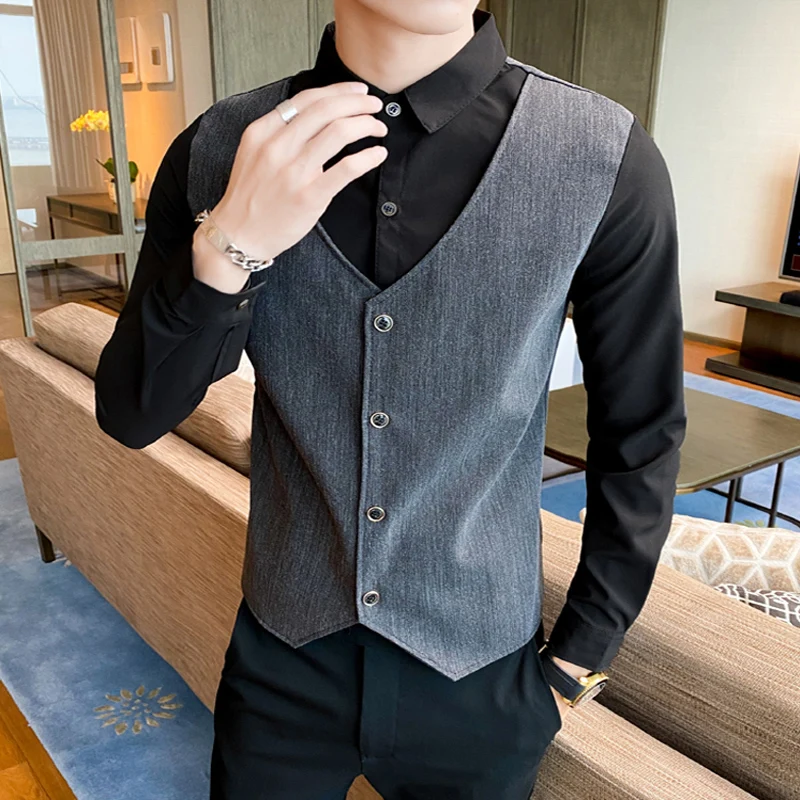 

Fake Two Piece Men Shirt+Vest Asian Size Long Sleeve Slim Fit Male Formal Shirts Dress Autumn Business Street Mens Social Blouse