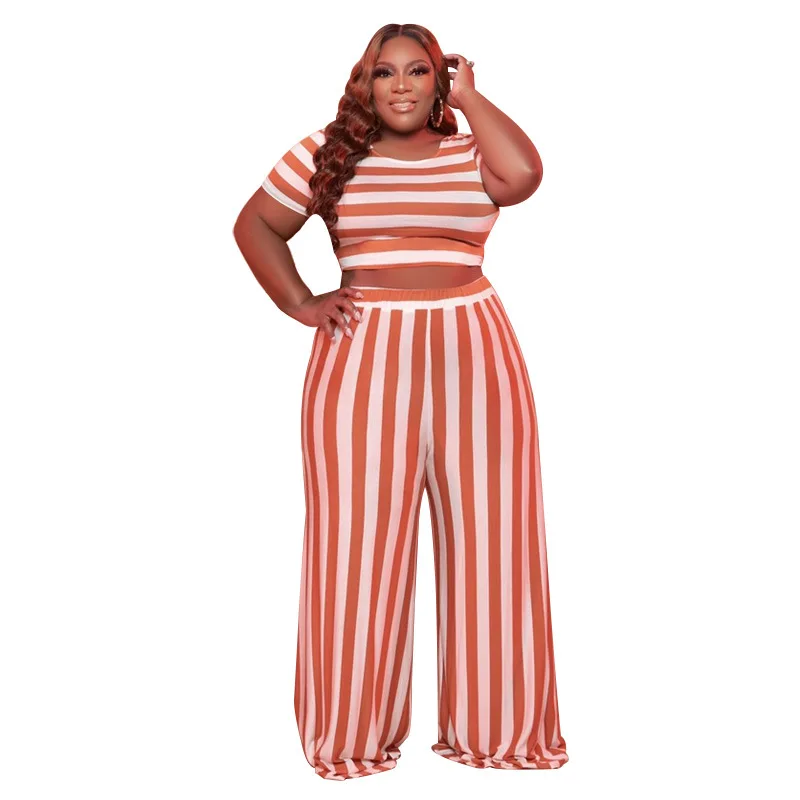 

Summer Plus Size Two Piece Set Fashion Round Neck Short Sleeve Fashion Stripe Printing Casual Loose Women's Clothing Wholesale