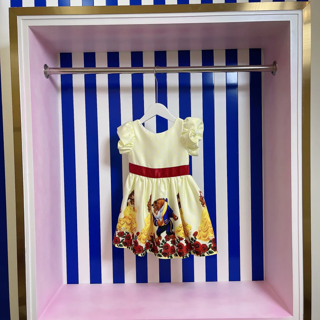 

2021 Summer Hot New Products Girls' Little Flying Sleeve Cartoon Rose Flower Print Pattern Pleated Dress Small Fresh Style