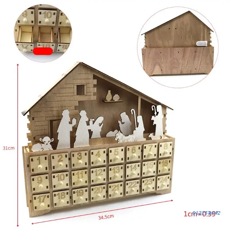 

Nativity Manger Scene Wooden Advent Calendar Battery-Operated LED Lighted Christmas Countdown Ornament with Drawers Box Xmas