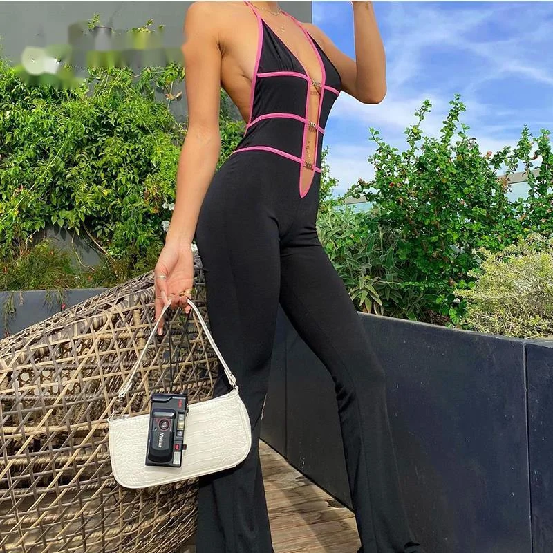 

Solid Hollow Out Women Elegant Jumpsits Sexy Clubwear Ladis Casual Backless Drawstring Romper All-Match One Piece Streetwear