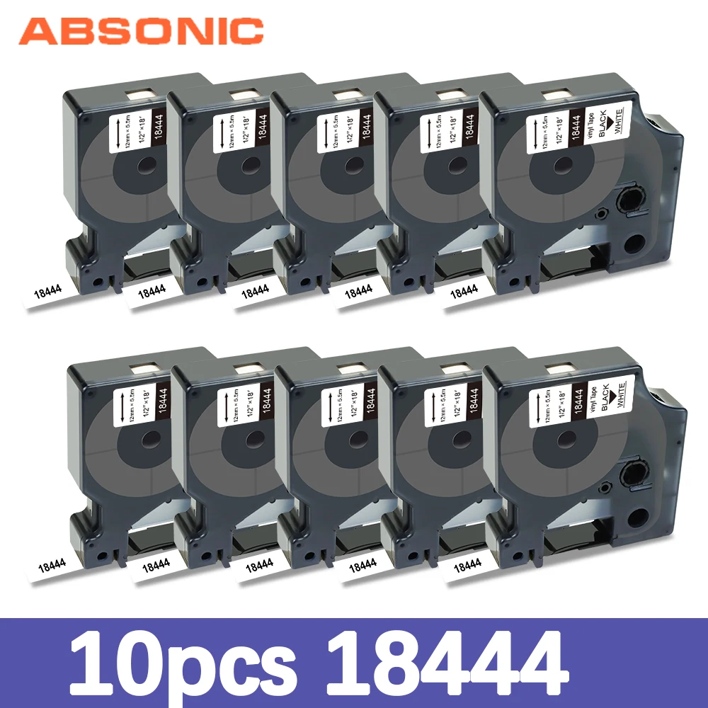 Виниловая этикетка Absonic 10pk 12 мм для DYMO Rhino 18444 черно белая Промышленная лента