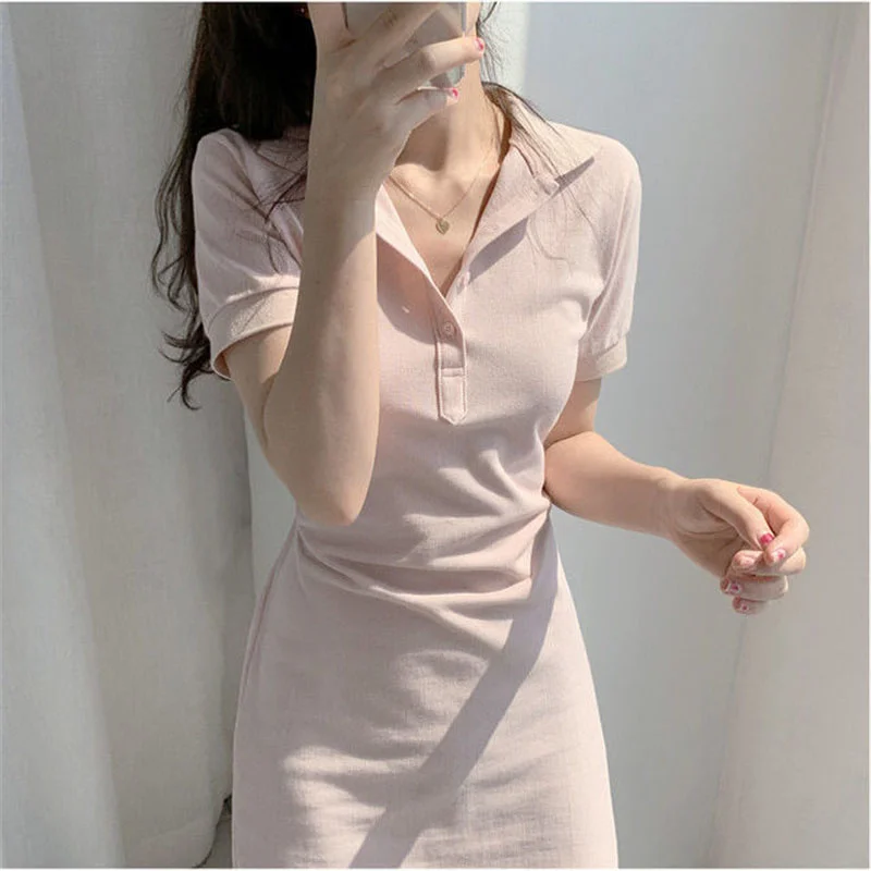 

Solid Color Pink Polo Collar Dress A-Line Korean Fashion Slim Women'S Mini Skirt Summer Streetwear Casual Sweet Sexy Vestidos