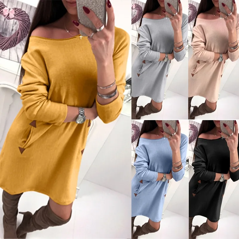 

Women Dress Casual Round Neck Long Sleeve Double Pockets Pure Color Labeling Home Loose Spring and Autumn Pullover Dress