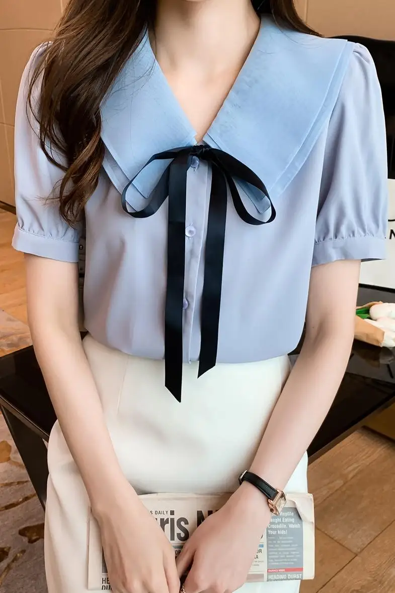 

COIGARSAM Fashion Short Sleeve blouse women New Summer Chiffon blusas womens tops and blouses White Blue 8286