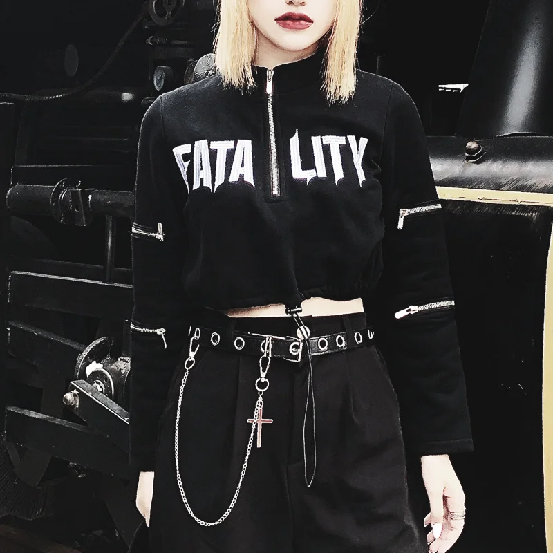 

Miub design dark wind autumn winter plush short punk embroidery letter girl hard girl high neck versatile sweater