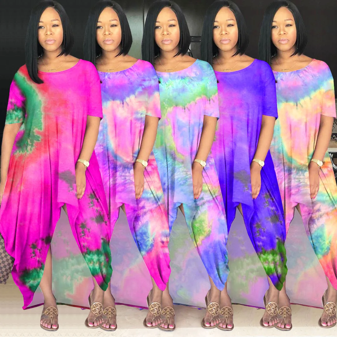 

Women Plus Size Tie-dye Loose Tshirt Dress Streetwear Irregular Casual Short Sleeve Long Street Loose Home Dress