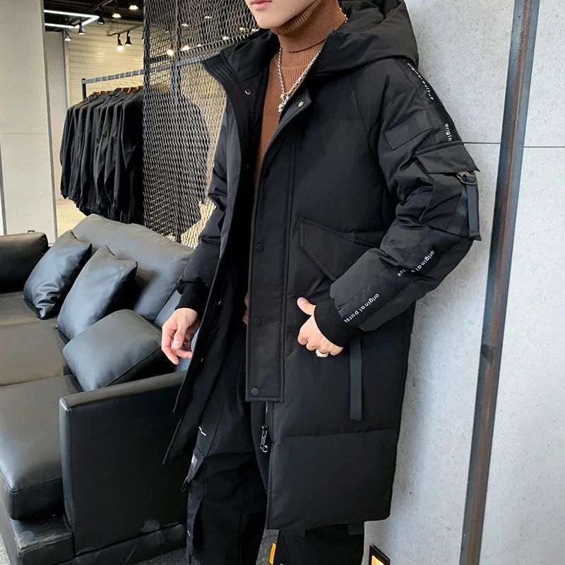 Мужской пуховик с капюшоном теплая Модная куртка удлиненная парка пальто