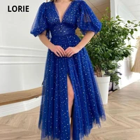 lorie royal blue prom dresses for women v neck shiny tea length evening gown half sleeves party dress vestidos de formatura