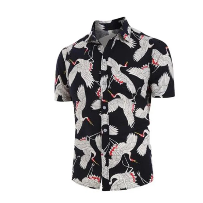 

Top Selling Product In 2021 Summer New Fashion Camisas Para Hombre Casual Short-sleeved White Crane Printed Shirt Men's Clothing