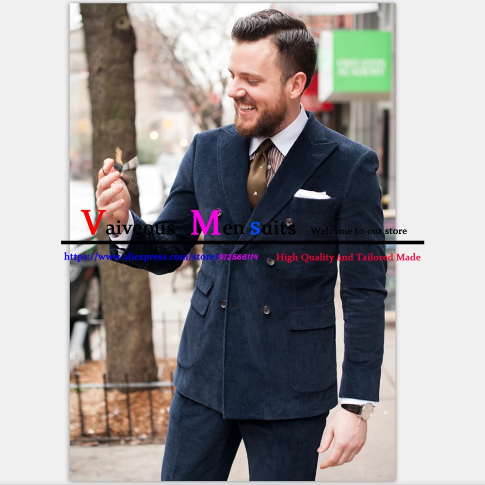 Темно-синие вельветовые двубортные костюмы для мужчин 2 предмета повседневный