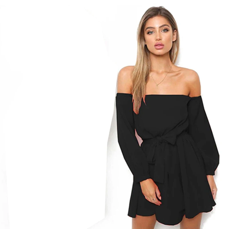 

Ladies Sexy Off Shoulder Dress Women Long Sleeve Strapless Slim Lace-Up Belt Mini Dress Sashes Slash Neck Dress Vestido
