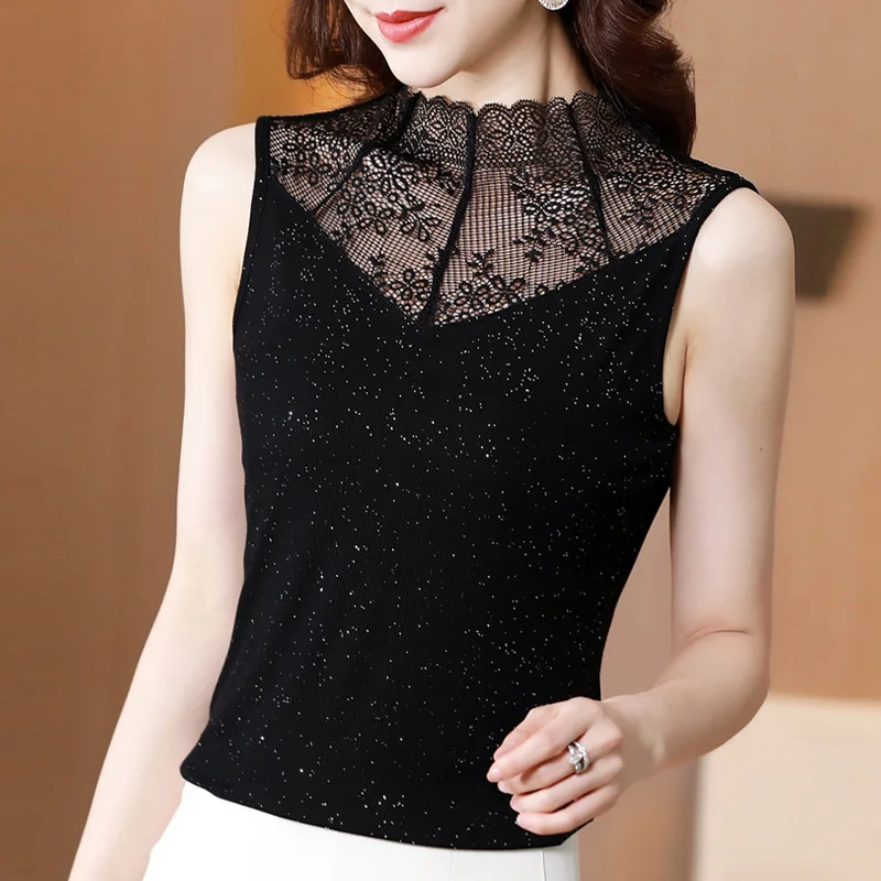 

Black Shiny Lace Vests Women Summer 2021 fashion Patchwork Tank Tops Female Sleeveless Slim Sexy Tees Ladies Tanks Gilet Femme