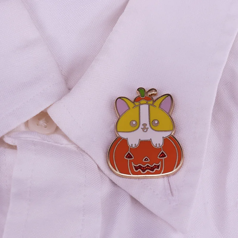 Мультяшные блестящие тыквы корги жесткие эмалевые булавки Милая животная