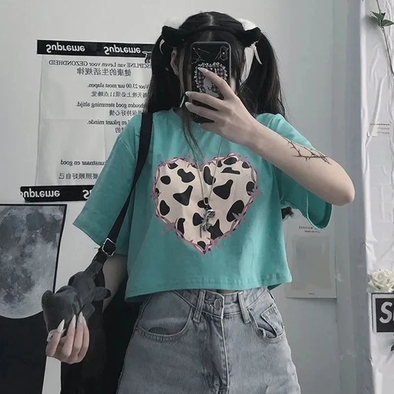 

women's t-shirt Short sleeve loose summer white high waist short t-shirt top Oversized t-shirt y2k Prickly love Print T-shirts