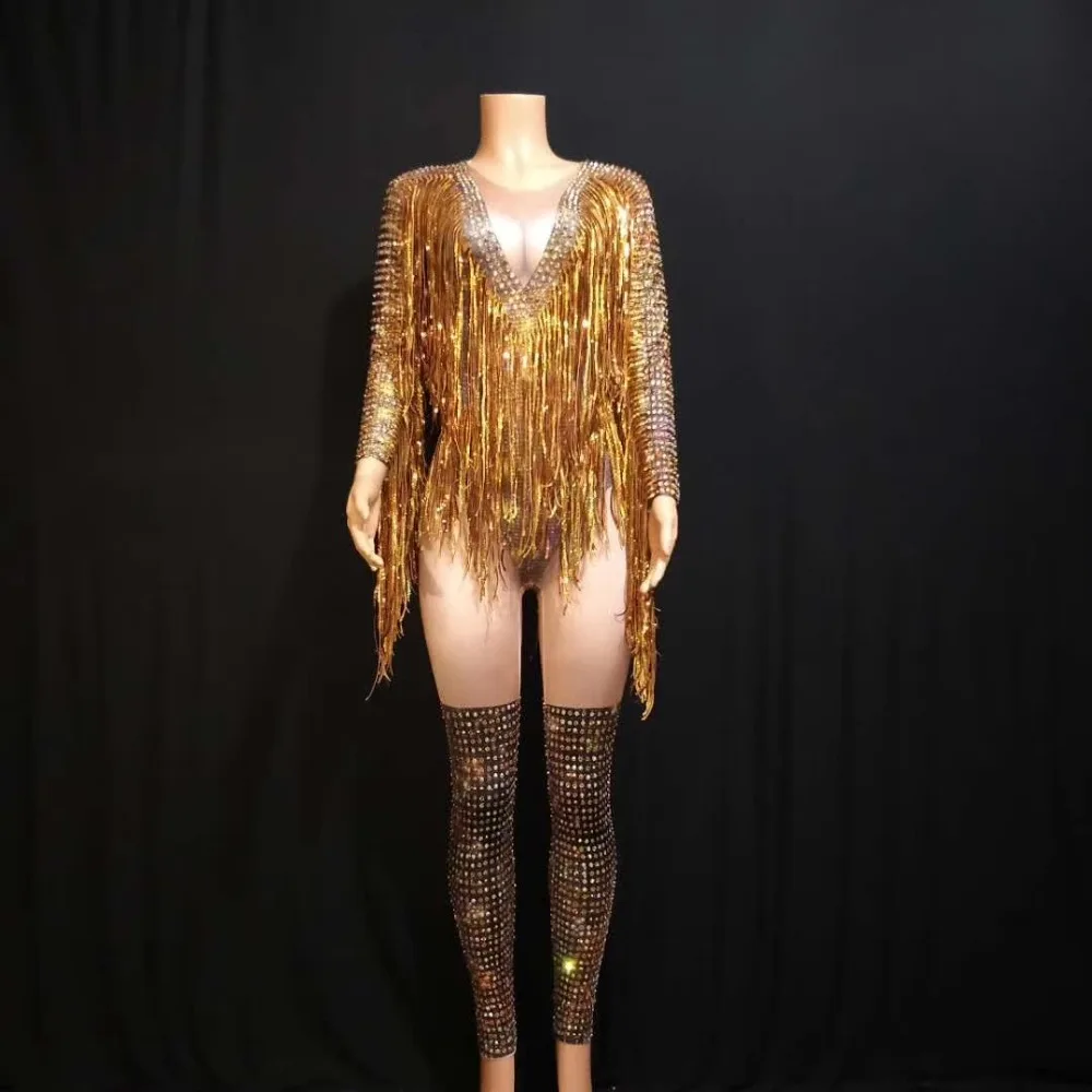 

Shiny Sexy Overalls For Women Gold Tassel Bodysuit Party Celebrity Costume 2021 Club Singer Dancer Stage Performance Outfit