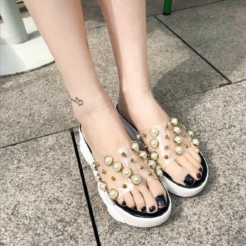 Sianie Tianie 2020 summer platform casual flats shoes PVC transparent woman slippers slides mules with pearl and rivets | Обувь