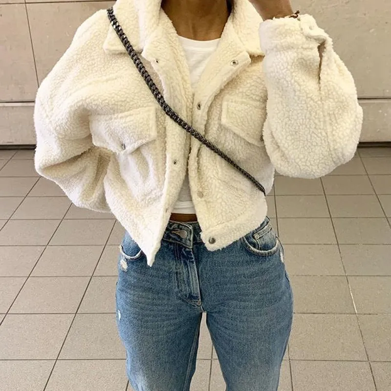 

Winter Warm Soft White Velvet Short Jacket Ladies Casual Long Sleeve Turn-down Collar Fleece Coat With Pockets Blue coat