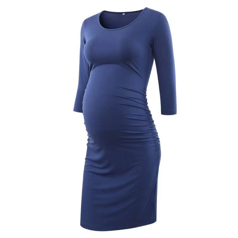 2022 Maternity Dress O-neck Long Sleeve Pregnant Comfortable Clothings Midi Pregnancy Clothes for Pregnant Solid Women Dress