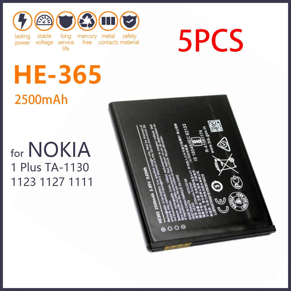 100% Оригинальный аккумулятор HE 365 5 шт. для Nokia HE365 1 Plus TA-1130 1123 1127 1111 2500 мАч