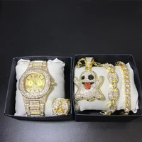 luxury men watch necklace braclete ring ice out cuban combo set jewerly crystal miami hip hop necklace chain for men