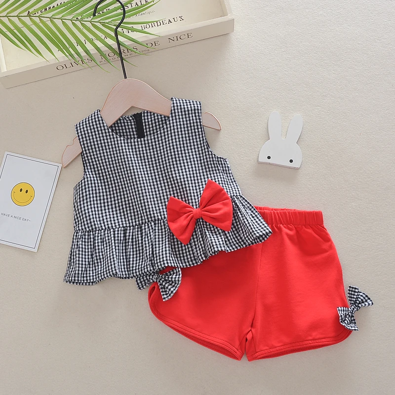 Baby girls clothes set summer new fashion sleeveless plaid tops+shorts 2pcs infant toddler outfits 1-4Y children clothing | Мать и